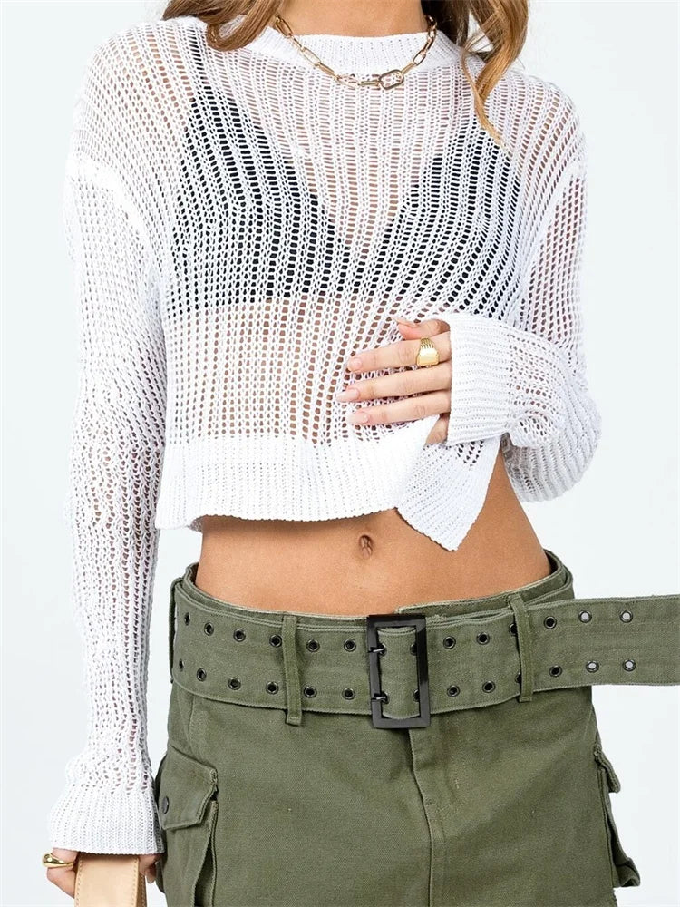 Asymmetrical Hem Cutout Casual Basic Knitted Long Sleeve Solid Split Pullovers Sweater 5