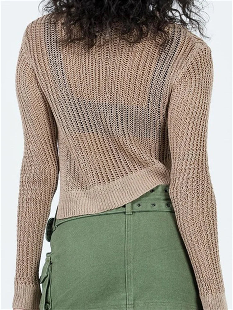 Asymmetrical Hem Cutout Casual Basic Knitted Long Sleeve Solid Split Pullovers Sweater 2
