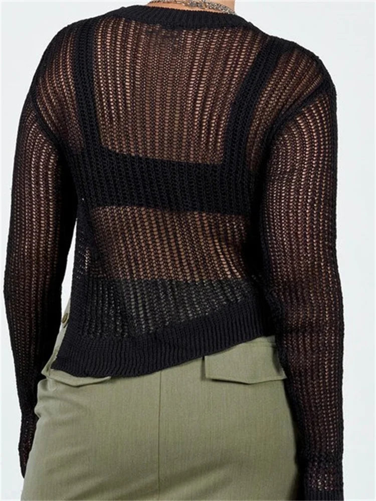 Asymmetrical Hem Cutout Casual Basic Knitted Long Sleeve Solid Split Pullovers Sweater 4