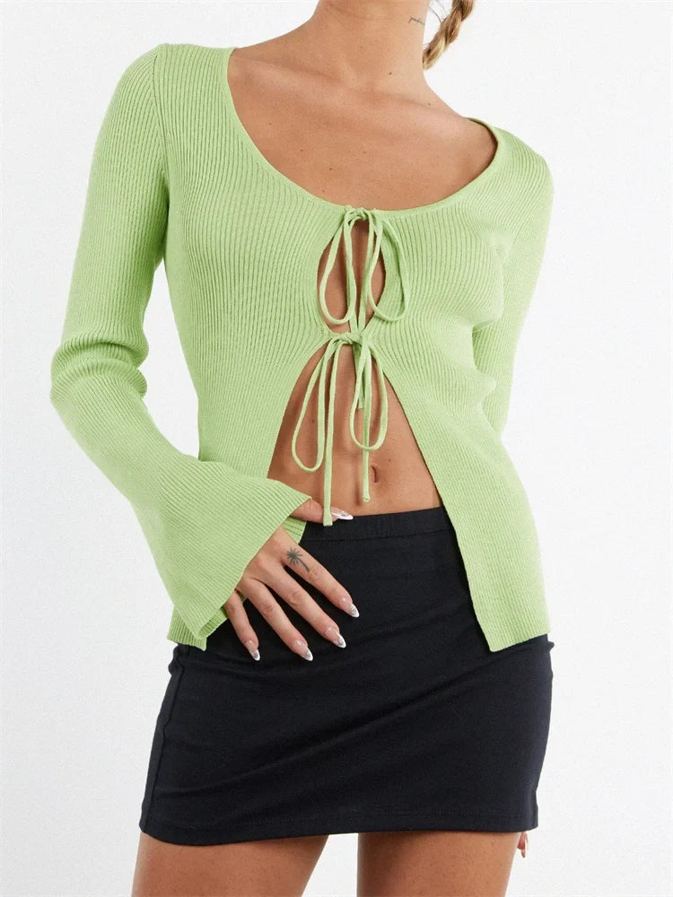 Knitted Ribbed Cardigan Long Sleeve Front Split Tie-up Slim Fit Solid Aesthetic Sweater 8