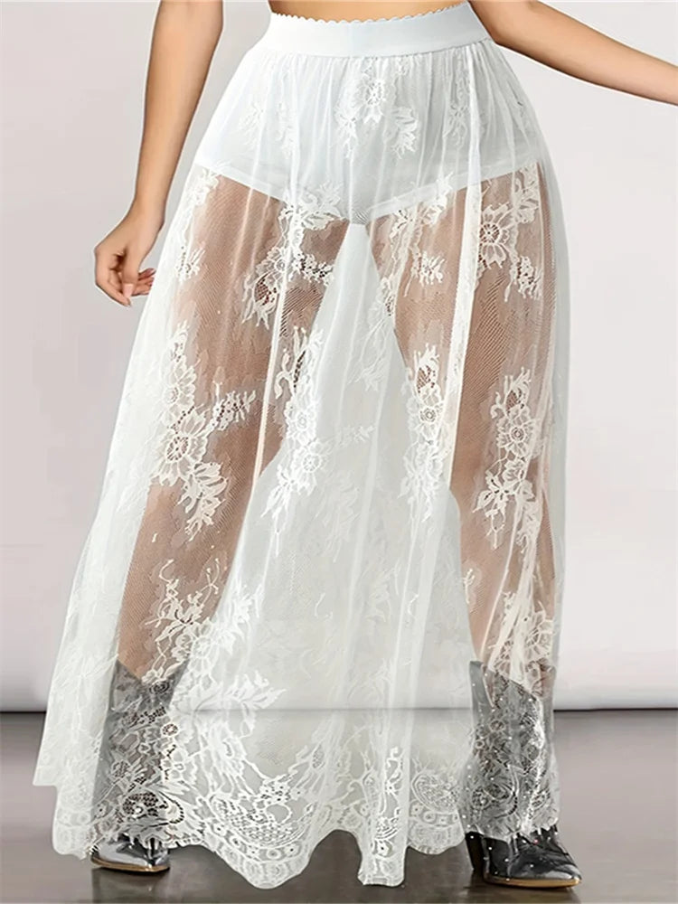 Lace Floral Long Maxi Skirt Solid Mesh Built-in Shorts Skirt