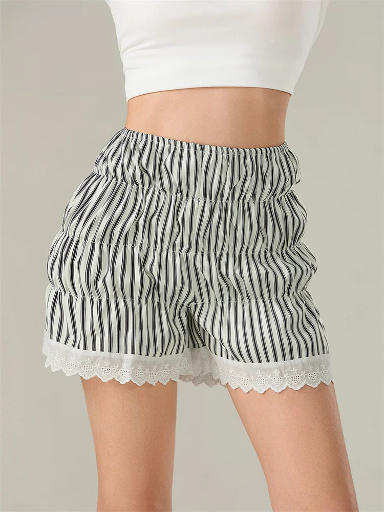 Striped Lace Lantern Ruched Short black / S short-250223
