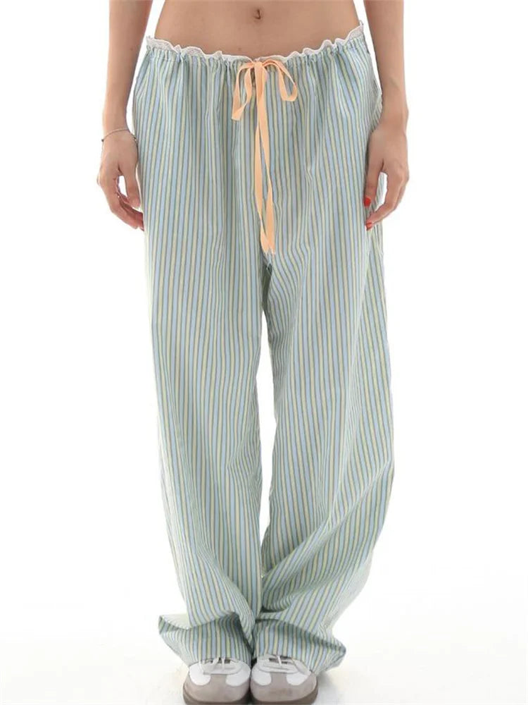Striped Ruffles Drawstring Elastic Waist Casual Pant