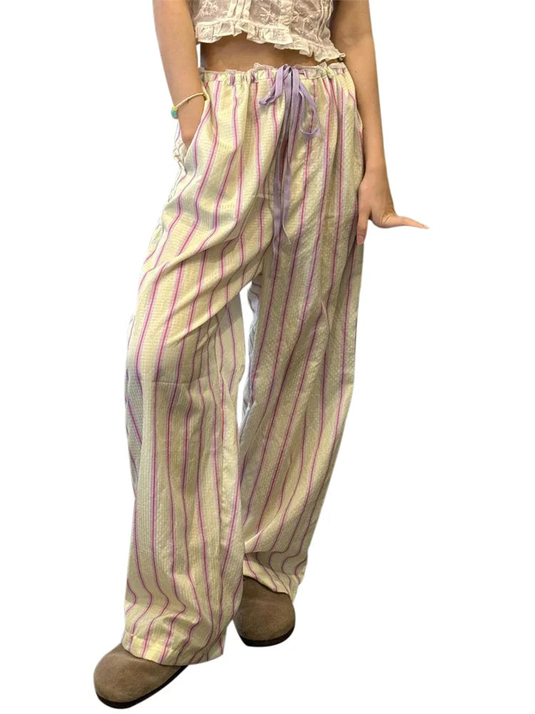 Striped Ruffles Drawstring Elastic Waist Casual Pant