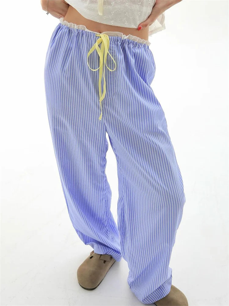 Striped Ruffles Drawstring Elastic Waist Casual Pant