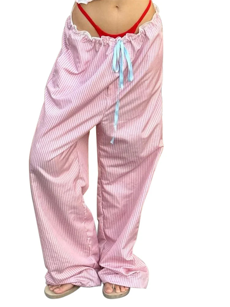 Striped Ruffles Drawstring Elastic Waist Casual Pant