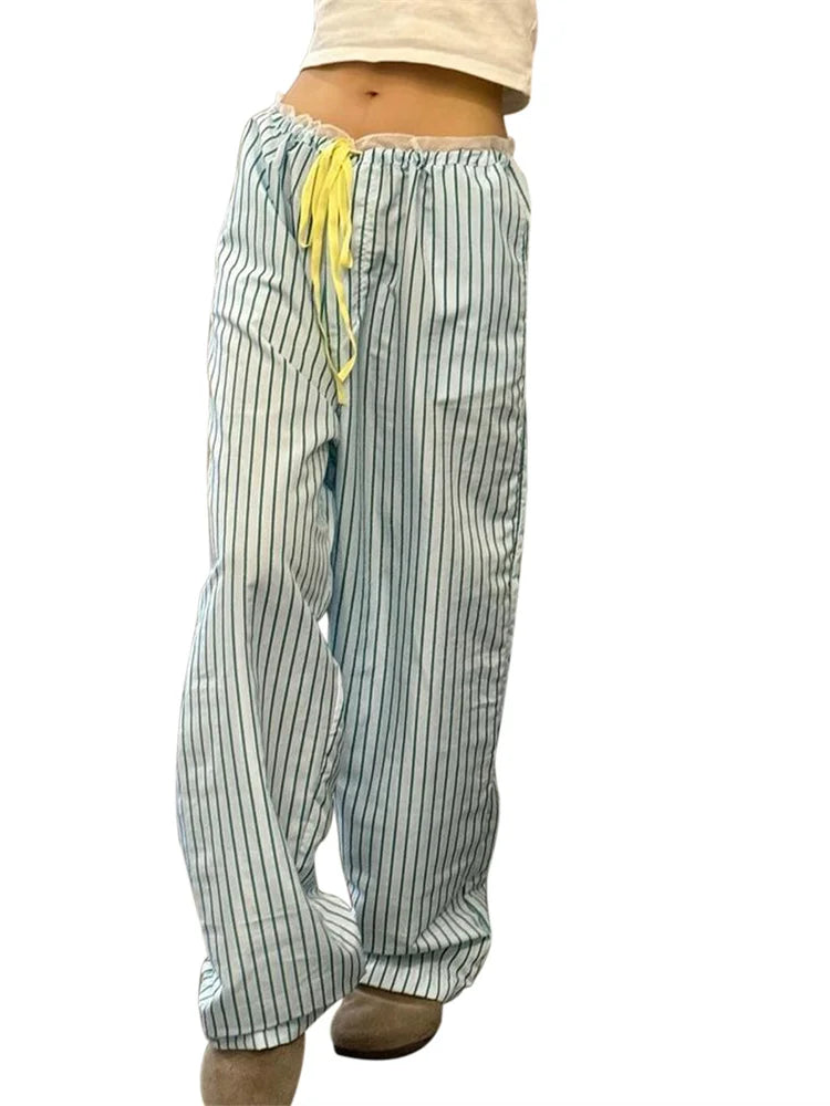 Striped Ruffles Drawstring Elastic Waist Casual Pant