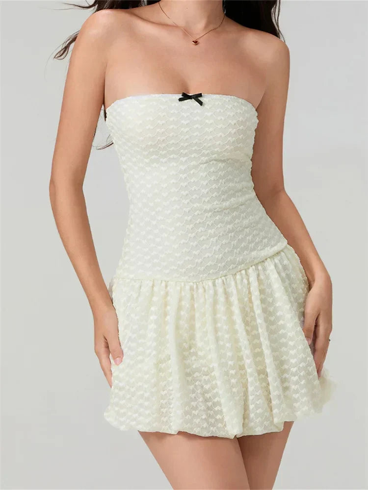 Textured Strapless Bow Bubble Hem Mini Dress
