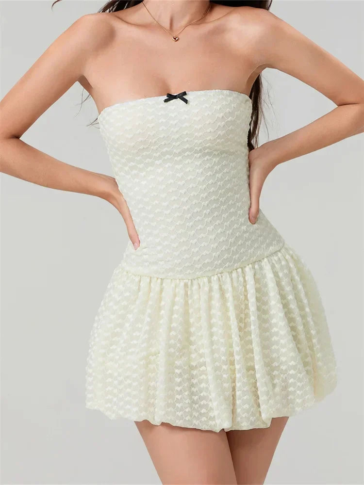 Textured Strapless Bow Bubble Hem Mini Dress