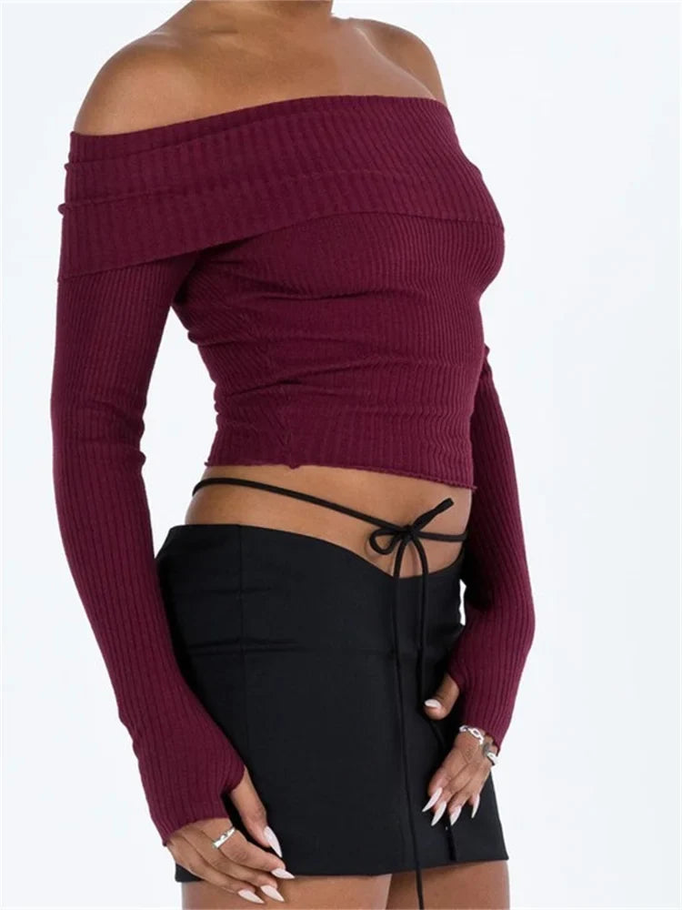 Off Shoulder Pullovers Solid Color Ribbed Slash Neck Long Sleeve Exposed Navel Knitwear Sweater 6