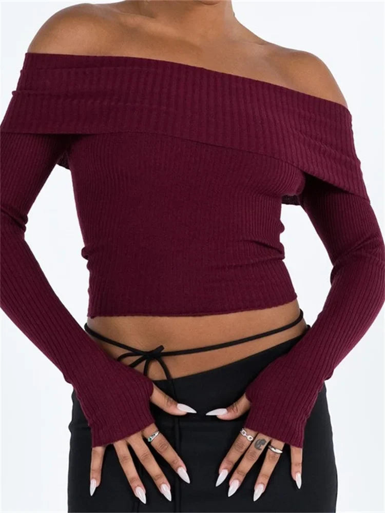 Off Shoulder Pullovers Solid Color Ribbed Slash Neck Long Sleeve Exposed Navel Knitwear Sweater 9