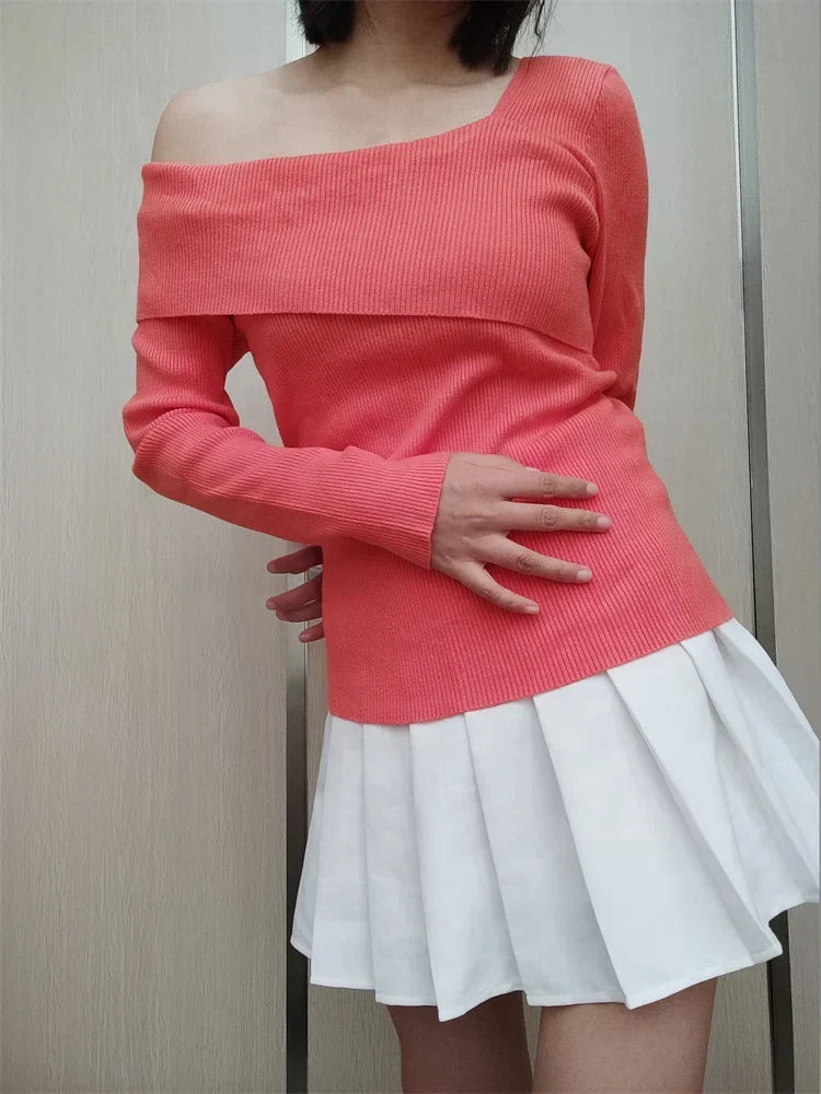 Off Shoulder Irregular Neck Long Sleeve Ribbed Knitted T-shirts