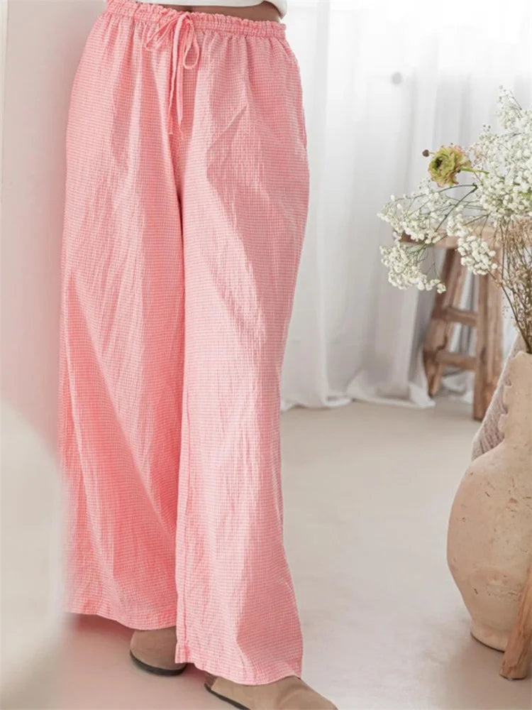 Plaid Print Drawstring Elastic Waist Loose Pant