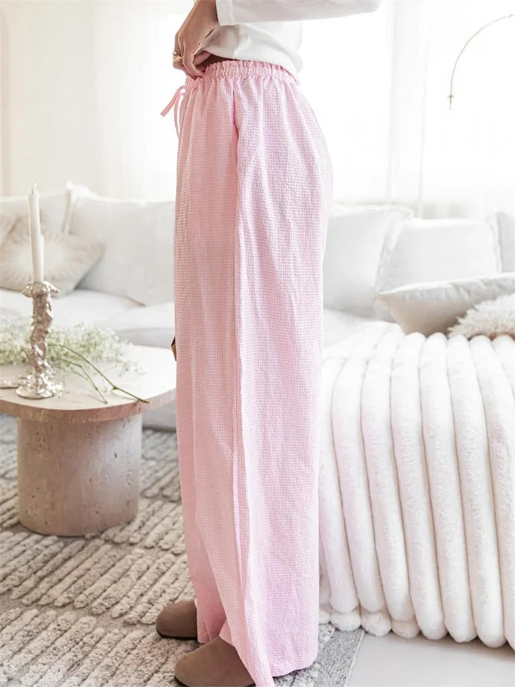 Plaid Print Drawstring Elastic Waist Loose Pant