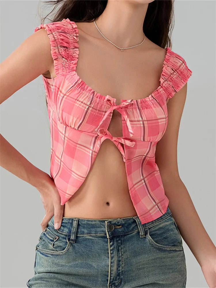 Plaid Round Neck Front Split Sleeveless Crop Top