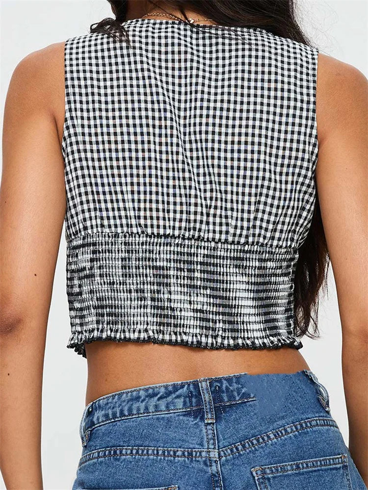 Plaid Bow Ruffle Hem Deep V-neck Crop Top