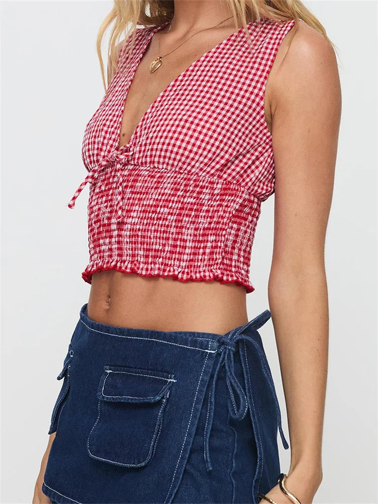 Plaid Bow Ruffle Hem Deep V-neck Crop Top
