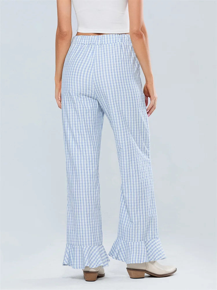 Plaid Flared Drawstring High Waist Casual Pant
