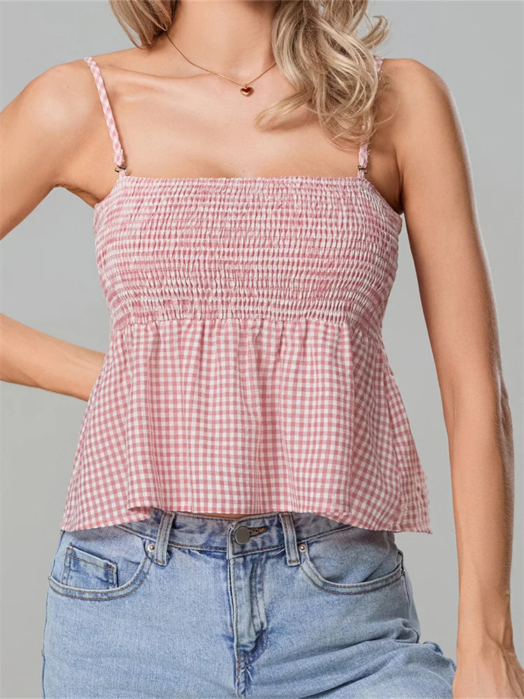 Plaid Ruffle Hem Square Neck Spaghetti Crop Top