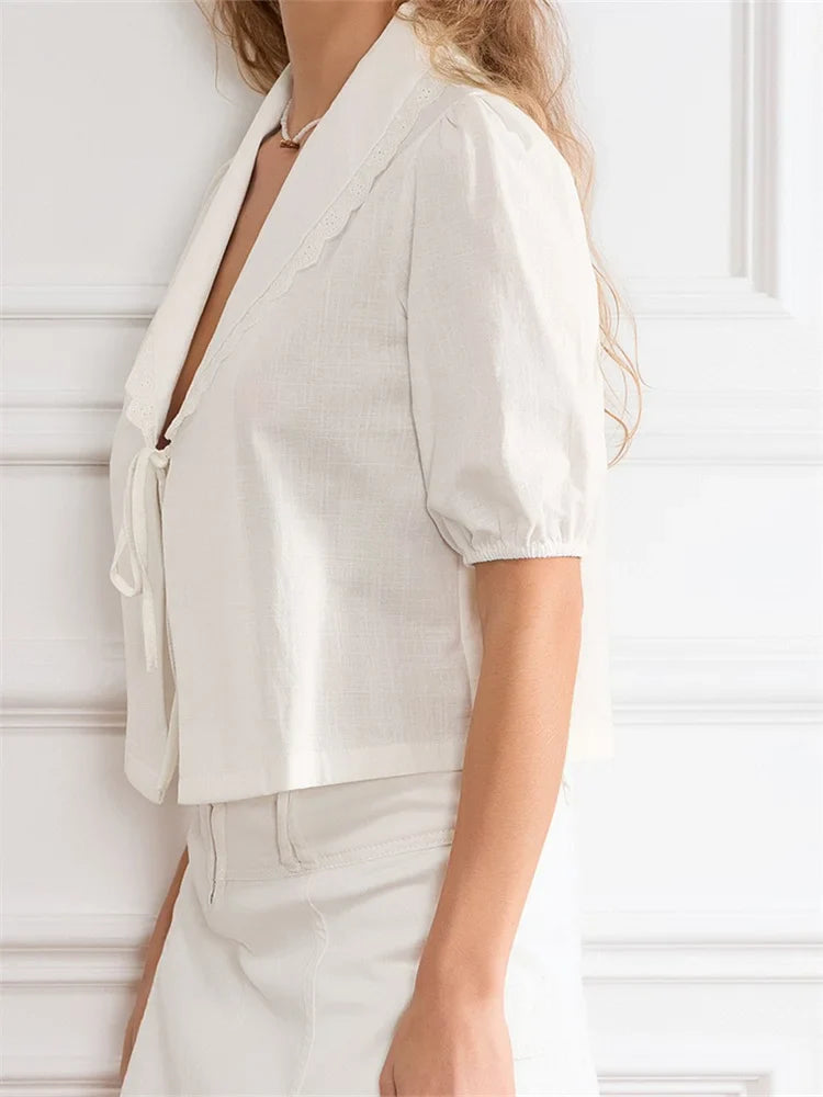 Lace Trim Front Tie-Up V-neck Blouse