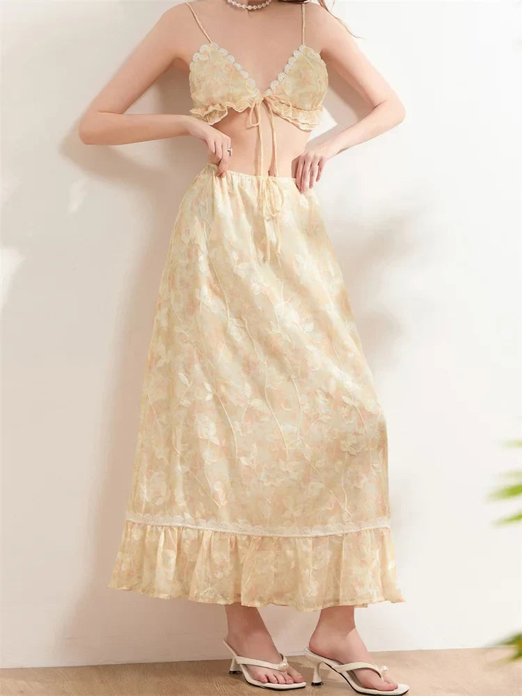 Backless Tie-up Camisoles Crop Top with Long Skirts Set