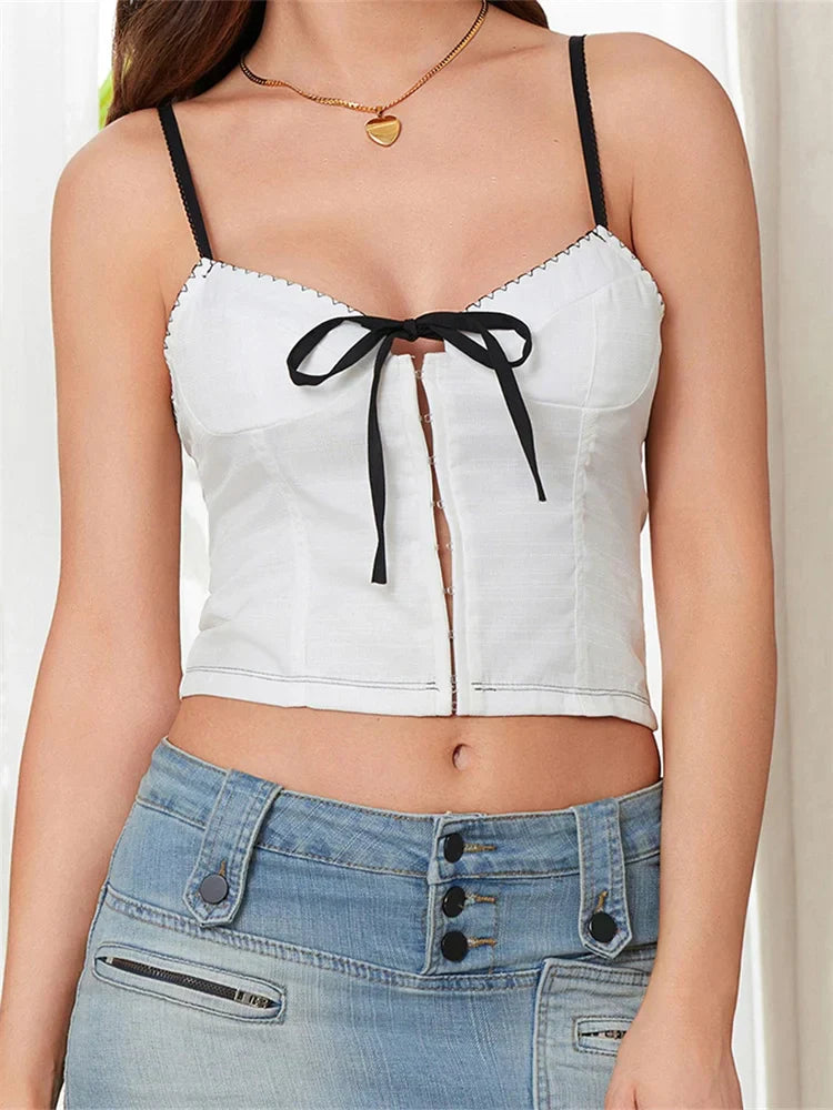 Slim Bow Tie-up Spaghetti Strap Button Crop Top