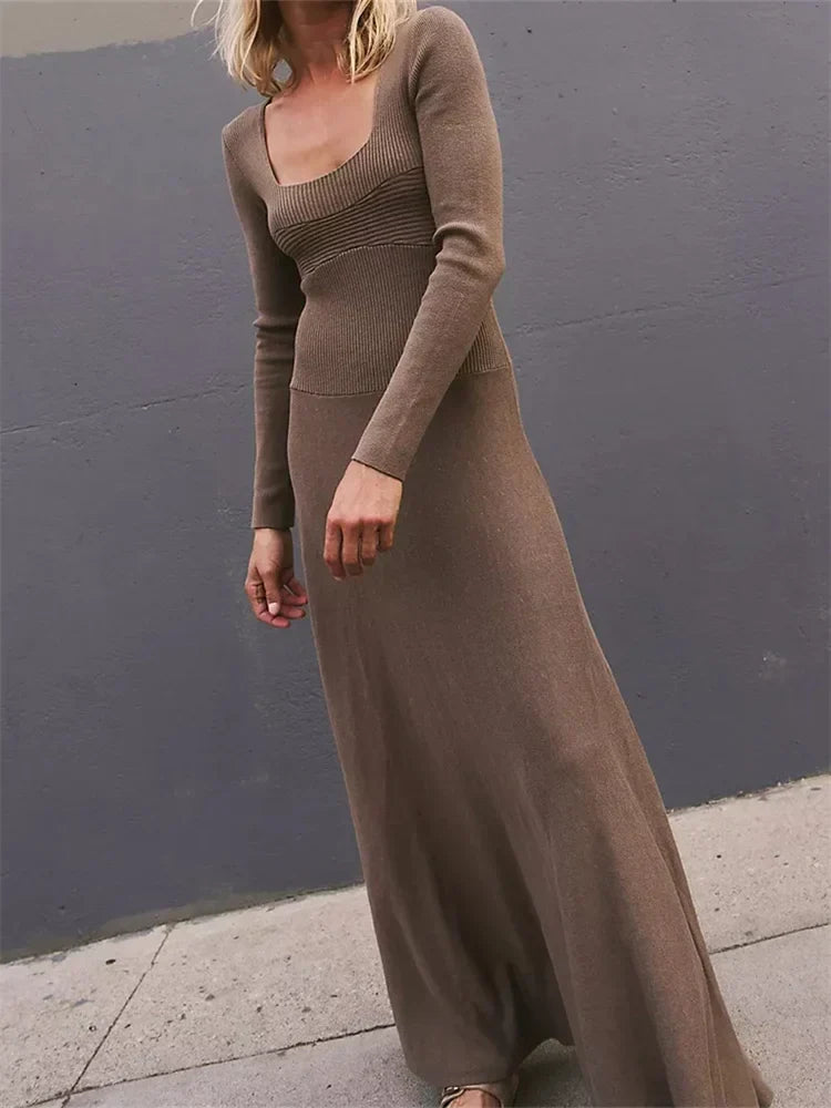 Fall Square Neck Sleeve Knitted Pleated Holiday