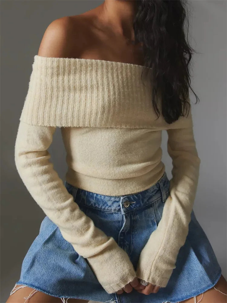 Spring Fall Knitted Solid Color Long Sleeve Off Shoulder Slash Neck Ribbed Slim Knitwear Sweater