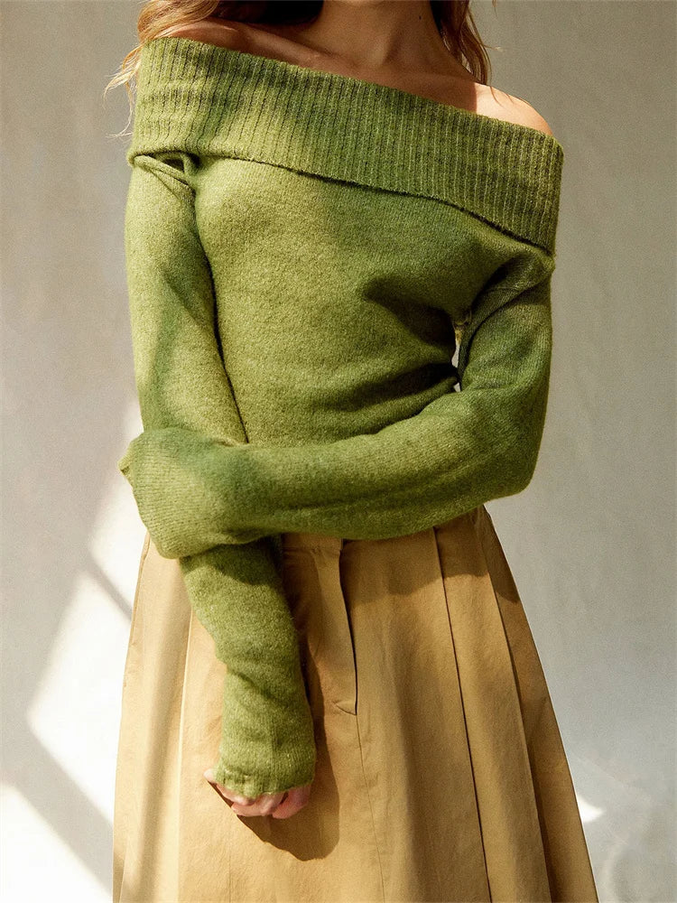Spring Fall Knitted Solid Color Long Sleeve Off Shoulder Slash Neck Ribbed Slim Knitwear Sweater 2