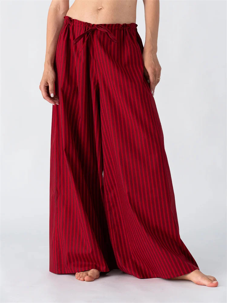 Solid/Striped Baggy Drawstring Casual Wide Pant