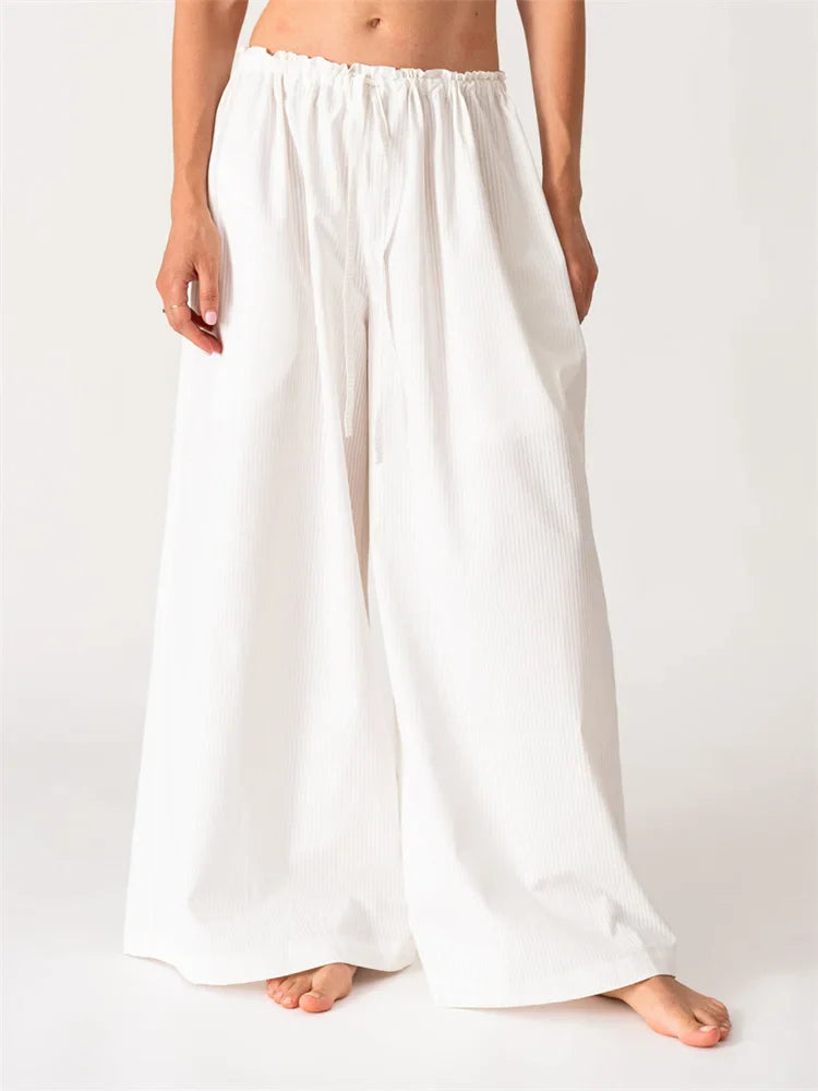 Solid/Striped Baggy Drawstring Casual Wide Pant