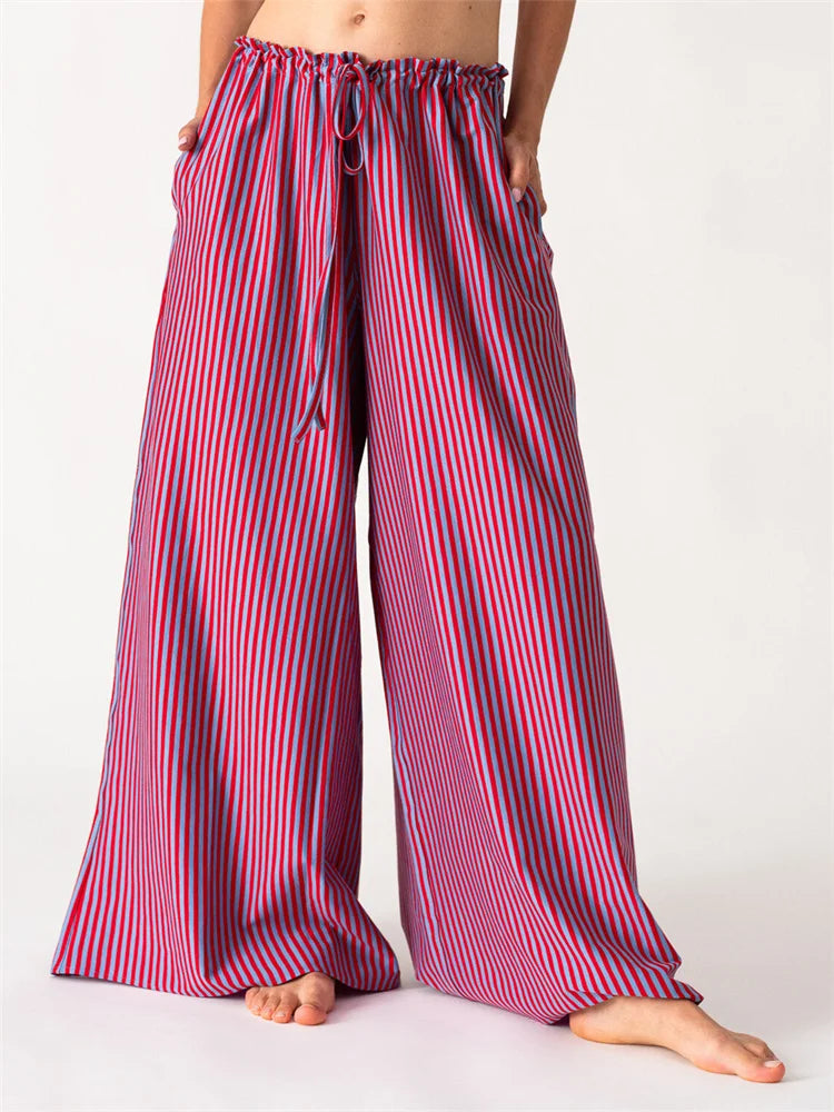 Solid/Striped Baggy Drawstring Casual Wide Pant