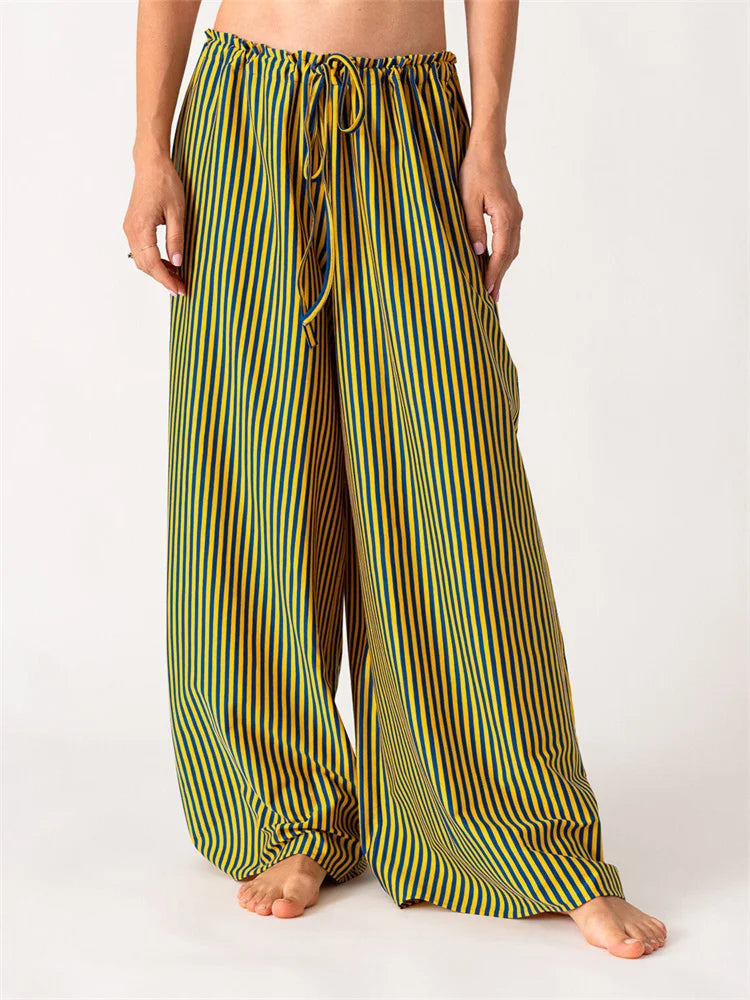 Solid/Striped Baggy Drawstring Casual Wide Pant