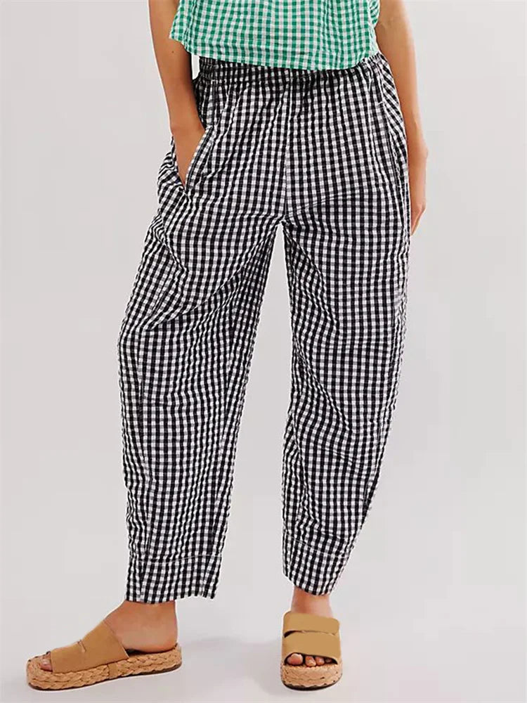 Plaid Print Elastic Waist Loose Wide Leg Pant