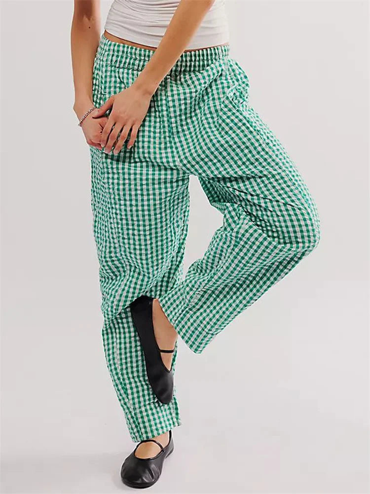Plaid Print Elastic Waist Loose Wide Leg Pant