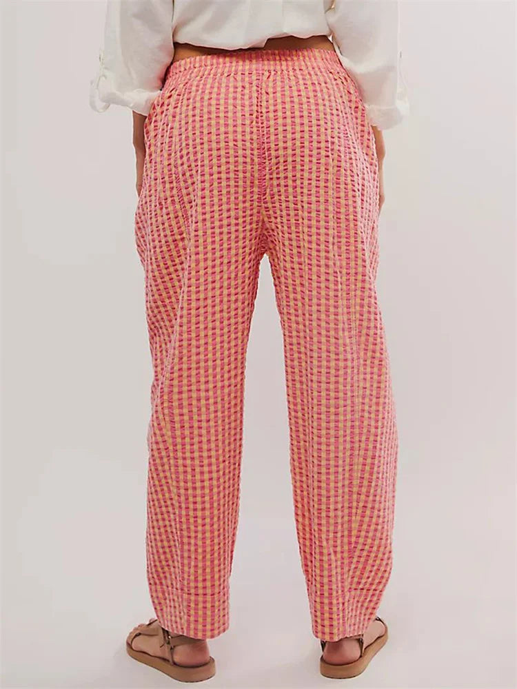 Plaid Print Elastic Waist Loose Wide Leg Pant
