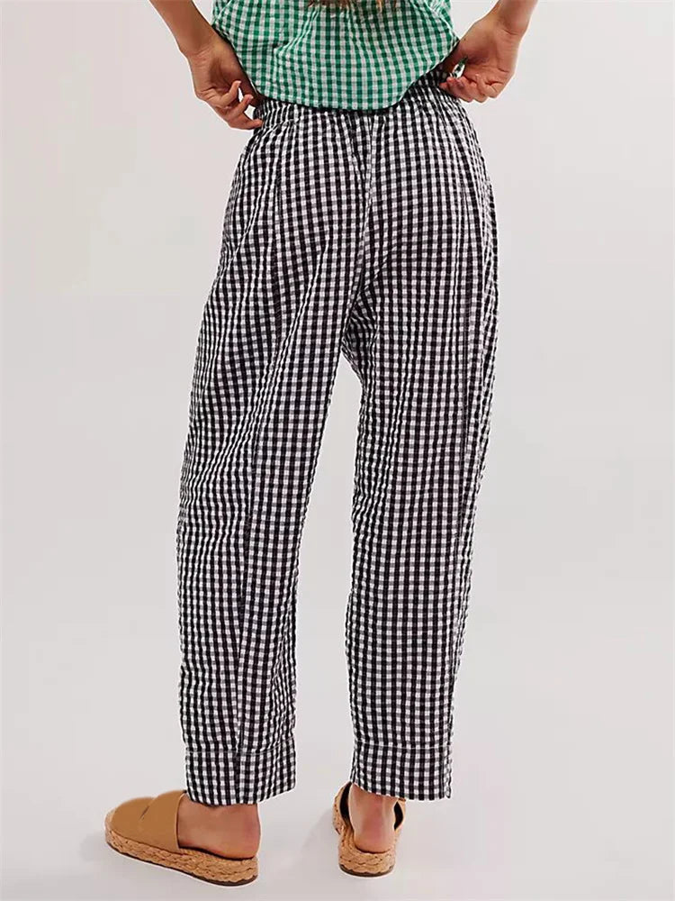 Plaid Print Elastic Waist Loose Wide Leg Pant