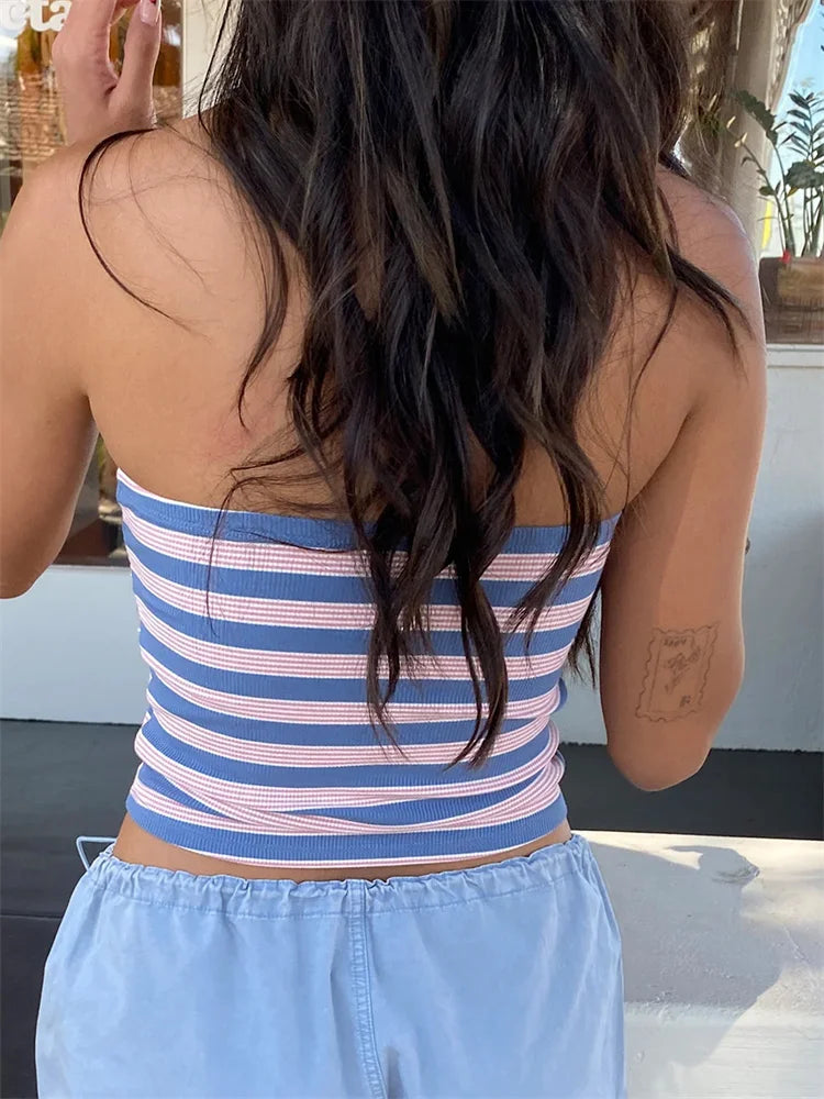 Striped Off Shoulder Strapless Tube Crop Top