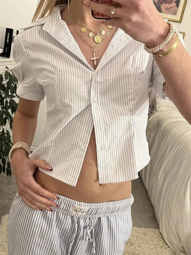 Striped Short Sleeve Button Closure Blouse