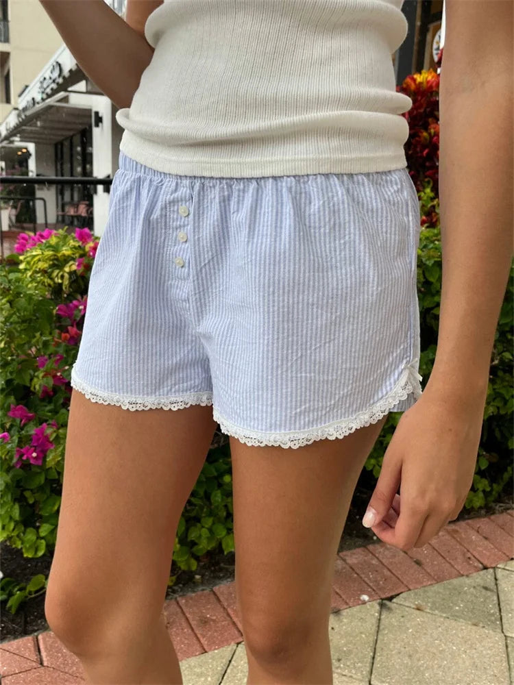 Striped Lace Trim Casual Short