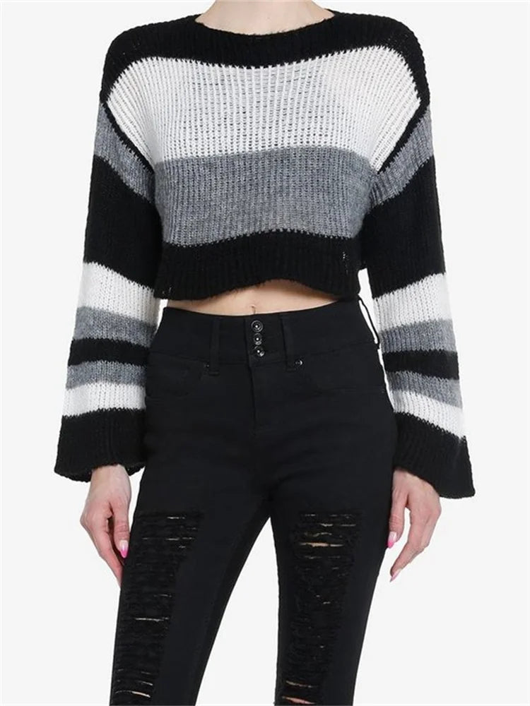 Striped Grunge Loose Fit Round Neck Long Sleeve Knitted Crochet Pullovers Sweater 3