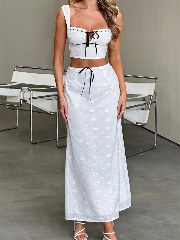 Embroidered Flower Sleeveless Crop Top High Waist Long Skirt Beige / S skirt-250126