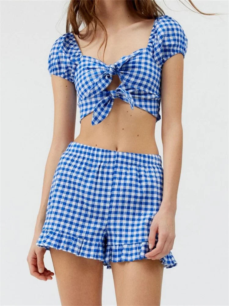 Plaid Print Knotted Short Sleeve T-shirt Crop Top with Elastic Waist Shorts Set