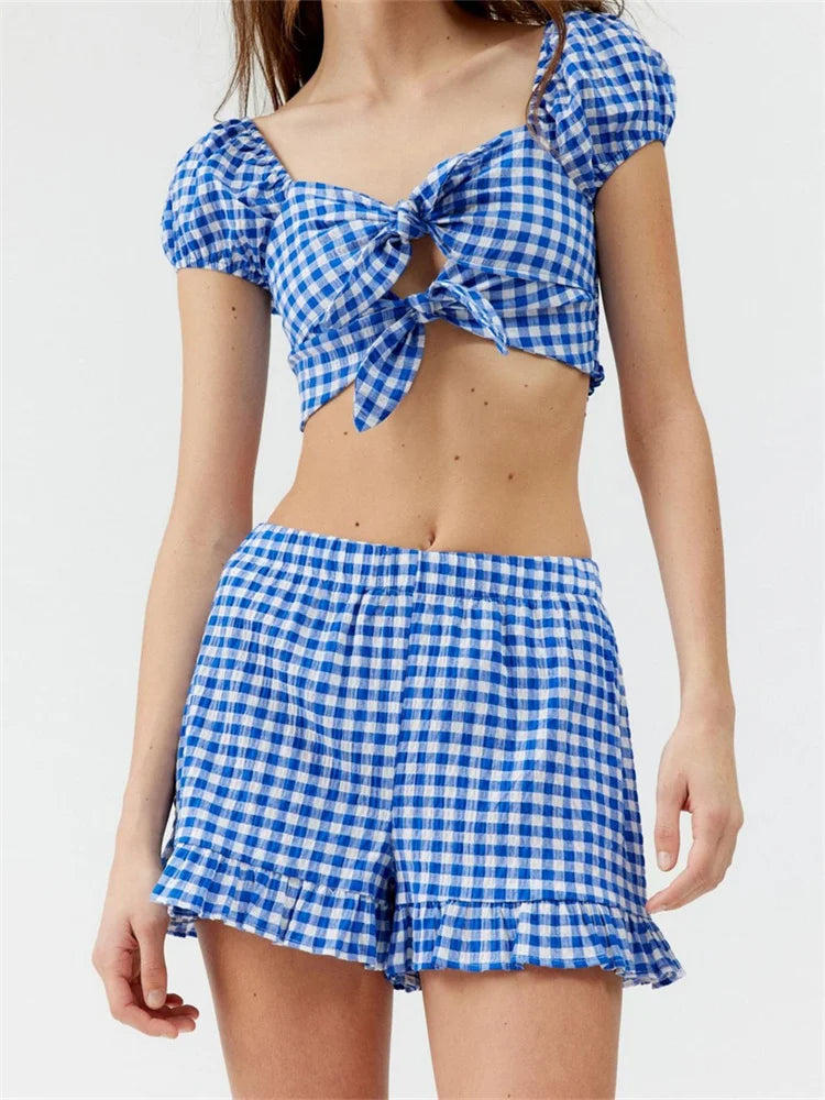 Plaid Print Knotted Short Sleeve T-shirt Crop Top with Elastic Waist Shorts Set BLUE / S twopiecesset-250126