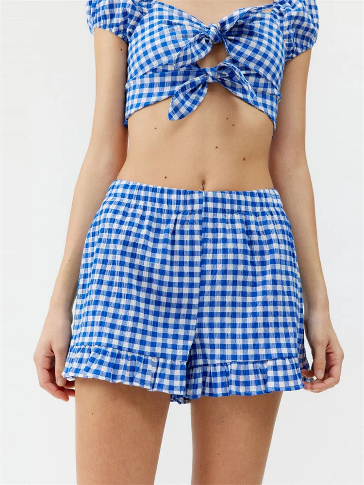 Plaid Print Knotted Short Sleeve T-shirt Crop Top with Elastic Waist Shorts Set