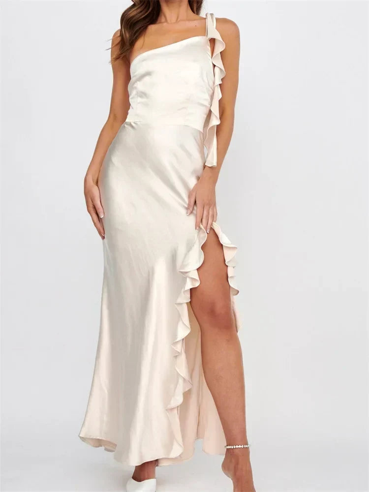 Women Summer Evening Sleeveless Strap Backless Off Shoulder High Split Ruffles Party Female
