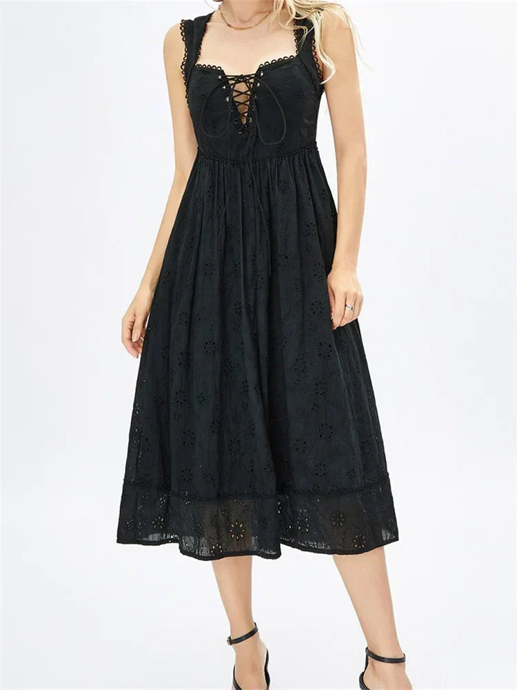Broderie Eyelet Lace Up Fit and Flare Midi Dress