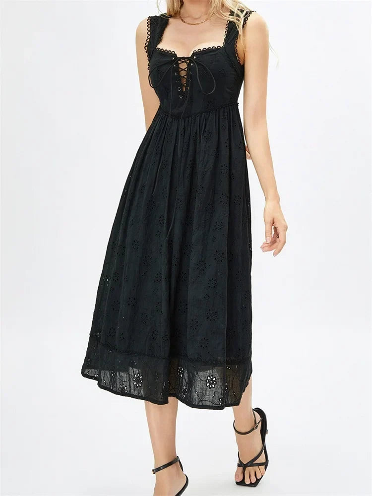 Broderie Eyelet Lace Up Fit and Flare Midi Dress 2