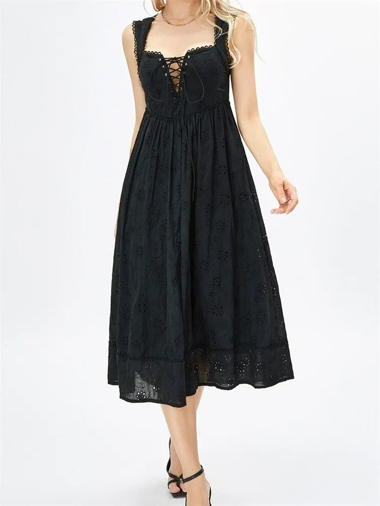 Broderie Eyelet Lace Up Fit and Flare Midi Dress 4