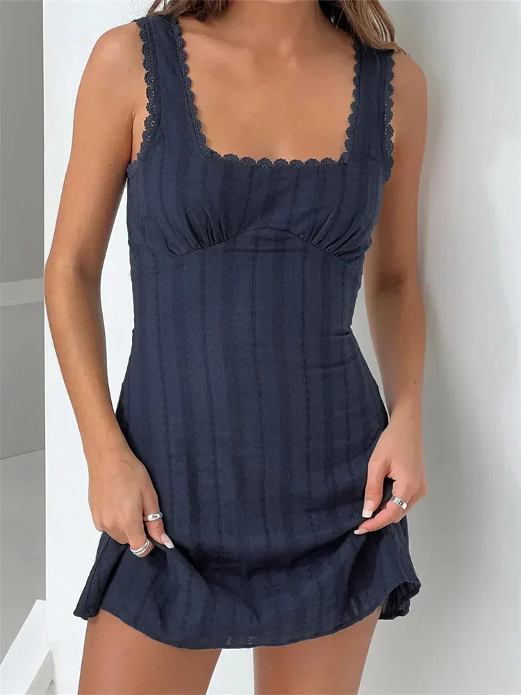 Lace Trim Aline Solid Color Square Neck Mini Dresses - View 4